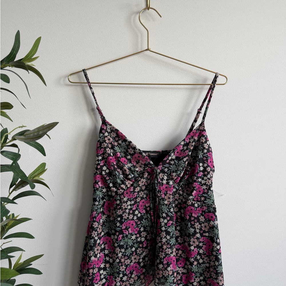 NWOT Almost Famous Black Floral Tie-Front Cami with Pink Flowers